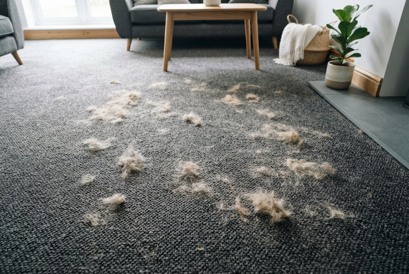 Close-up of a dark carpet covered in pet fur in a modern home.